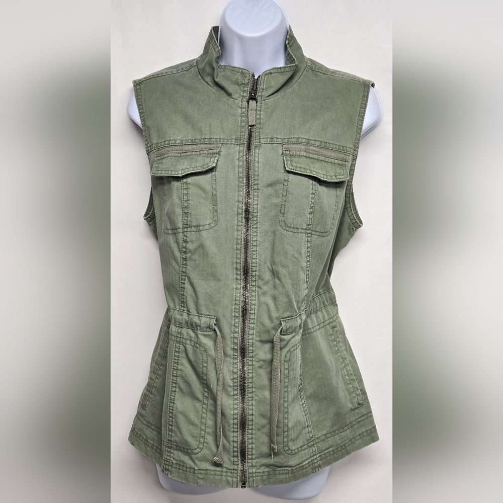 Merona M Army Grern Utility Vest Jacket Zip Down Cargo Pockets Drawstring Waist